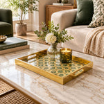 Ramadan Decorative Glass Serving Tray – Emerald Ogee Tile Grid glass serving tray shown in a second styled room scene.