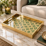 Ramadan Decorative Glass Serving Tray – Emerald Ogee Tile Grid glass serving tray shown in a product view.