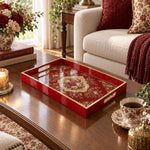 Valentine's Day Decorative Glass Serving Tray – Crimson Rose Cartouche glass serving tray shown in a second styled room scene.