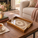 Valentine's Day Decorative Glass Serving Tray – Rose Garland Wreath glass serving tray shown in a first styled room scene.