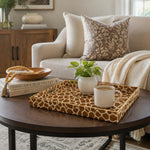 Giraffe Print Plastic Serving Tray – Full Print Border full-print plastic serving tray shown in a styled room scene.