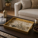 Grand Mosque Crescent Gold Glass Serving Tray – Islamic Heritage glass serving tray shown in a second styled room scene.