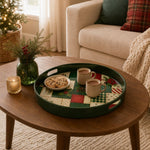 Green Quilt Patchwork Plastic Serving Tray – Plaid Poinsettia plastic serving tray shown in a round styled scene.