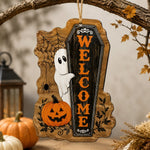 Halloween Welcome Coffin Hanging Wall Decor – Rustic Wood Ghost Sign - MintiHome