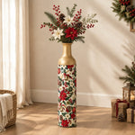 Christmas Gold Bell Metal Flower Vase – Poinsettia Berry decorative metal vase shown in a styled room scene.