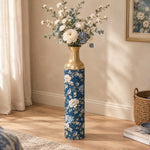 Sage Garden Metal Flower Vase – Navy Sage Bluebird decorative metal vase shown in a styled room scene.