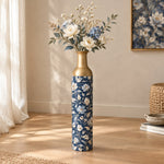 Gold Lattice Metal Flower Vase – Navy Lotus Chinoiserie Scroll decorative metal vase shown in a styled room scene.