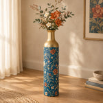 Vintage Medallion Metal Flower Vase – Teal Rust Bloom Vine decorative metal vase shown in a styled room scene.