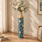 Gold Diamond Metal Flower Vase – Mottled Blue Camellia Trail decorative metal vase shown in a styled room scene.