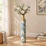 Sage Garden Metal Flower Vase – Dusty Blue Magnolia decorative metal vase shown in a styled room scene.