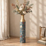 Vintage Medallion Metal Flower Vase – Dusty Blue Terracotta Bloom decorative metal vase shown in a styled room scene.