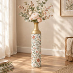 Iznik Blue Metal Flower Vase β Cream Dusty Rose Chinoiserie Vine decorative metal vase shown in a styled room scene.