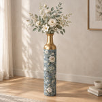 Emerald Bloom Metal Flower Vase – Dusty Blue Hydrangea Peony Toile decorative metal vase shown in a styled room scene.