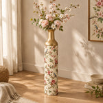 Sage Poppy Metal Flower Vase β Beige Pink Blossom Bird decorative metal vase shown in a styled room scene.