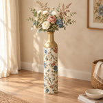 Persian Posy Metal Flower Vase – Cream Rose Bluebird decorative metal vase shown in a styled room scene.