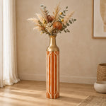 Sage Stripe Metal Flower Vase – Rust Orange Ribbon Stripe decorative metal vase shown in a styled room scene.