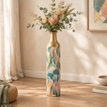 Folk Colorblock Metal Flower Vase – Sage Vessel Mosaic decorative metal vase shown in a styled room scene.