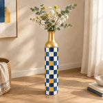 Emerald Check Metal Flower Vase – Amber Accent Checker decorative metal vase shown in a styled room scene.