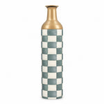 Emerald Check Metal Flower Vase – Sage Brush Checker decorative metal vase shown in a product view.