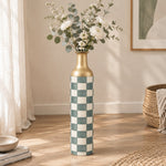 Emerald Check Metal Flower Vase – Sage Brush Checker decorative metal vase shown in a styled room scene.