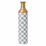Emerald Check Metal Flower Vase – Dusty Blue Checker decorative metal vase shown in a product view.