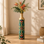 Iznik Medallion Metal Flower Vase – Carnation Saz Medallion decorative metal vase shown in a styled room scene.