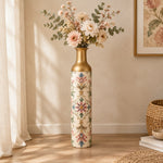 Iznik Medallion Metal Flower Vase – Antique Rosette Arabesque decorative metal vase shown in a styled room scene.