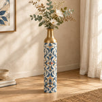 Iznik Medallion Metal Flower Vase – Acanthus Diamond Lattice decorative metal vase shown in a styled room scene.