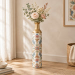 Iznik Medallion Metal Flower Vase – High Key Palmette Rosette decorative metal vase shown in a styled room scene.