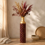 Navy Facet Metal Flower Vase – Burgundy Blush Chevron Lattice decorative metal vase shown in a styled room scene.