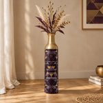 Sand Lattice Metal Flower Vase – Aubergine Gold Triangle decorative metal vase shown in a styled room scene.