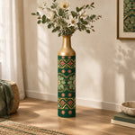 Lagoon Tile Metal Flower Vase – Emerald Rosette Tile decorative metal vase shown in a styled room scene.