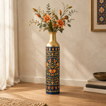 Saffron Meena Metal Flower Vase – Deep Sapphire Rosette Medallion decorative metal vase shown in a styled room scene.