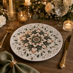 Persian Mandala Wedding Decorative Plastic Plate – Green Gold full-print plastic serving tray shown in a styled room scene.