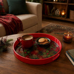 Red Plaid Holly Plastic Serving Tray – Golden Snowflake plastic serving tray shown in a round styled scene.