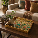 Saudi Arabia Folk Art Glass Serving Tray – Mosque Birds glass serving tray shown in a second styled room scene.