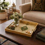 Saudi Arabia Glass Serving Tray – Palm Swords Medallion glass serving tray shown in a first styled room scene.