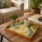 Saudi Emblem Palms Gold Green Glass Serving Tray – Heritage glass serving tray shown in a first styled room scene.