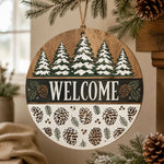 Round Christmas Welcome Wooden Sign with Pine Trees and Pinecones - MintiHome
