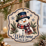 Snowman in Plaid Scarf Welcome Wooden Sign with Blue Snowflakes - MintiHome