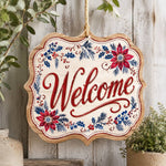 Vintage Christmas Welcome Wooden Sign with Poinsettia and Holly - MintiHome