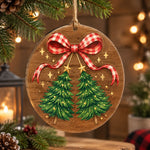 Christmas MDF Wood Hanging Wall Decor – Plaid Bow Trees hanging wall decor with printed artwork and cut silhouette.
