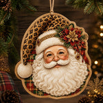 Christmas MDF Wood Hanging Wall Decor – Leopard Hat Santa hanging wall decor with printed artwork and cut silhouette.