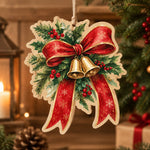 Christmas MDF Wood Hanging Wall Decor – Snowflake Ribbon Bells hanging wall decor with printed artwork and cut silhouette.