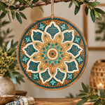 Ramadan MDF Wood Hanging Wall Decor – Golden Teal Mandala hanging wall decor with printed artwork and cut silhouette.