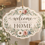 Daily MDF Wood Hanging Wall Decor – Scalloped Floral Welcome hanging wall decor with printed artwork and cut silhouette.