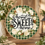 Daily MDF Wood Hanging Wall Decor – Green Gingham Rose Home hanging wall decor with printed artwork and cut silhouette.