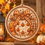 Halloween MDF Wood Hanging Wall Decor – Round Plaid Pumpkin Badge - MintiHome