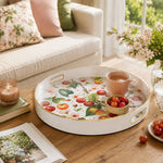 Watercolor Cherry Plastic Serving Tray – Cherry Blossom plastic serving tray shown in a round styled scene.