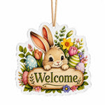 Easter Bunny Welcome Acrylic Hanging Wall Decor – Floral Egg Sign - MintiHome